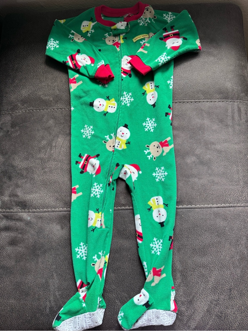child of mine Green Holiday Snowman & Reindeer Footed Pajamas with Red Trim
